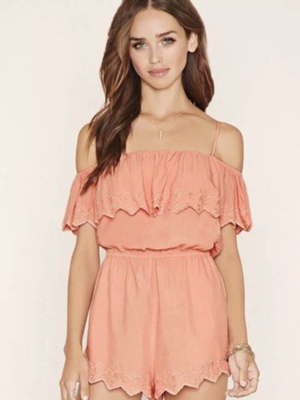 Forever 21 Coral Embroidery Open-Shoulder Playsuit Romper Large L